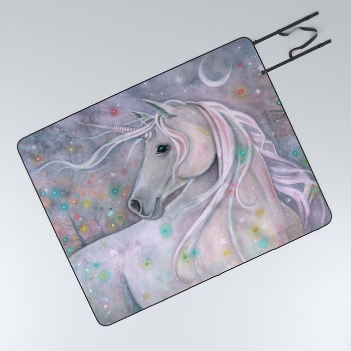 Twinkling Lights Unicorn Fantasy Watercolor Art By Molly Harrison Picnic Blanket By Mollyharrisonart