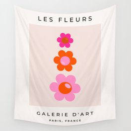 Les Fleurs | 01 - Abstract Retro Floral, Pink And Orange Print Preppy Flowers Wall Tapestry