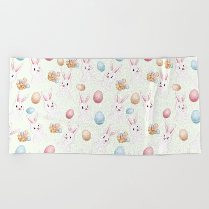 Easter Bunny And Eggs Pattern- Light Mint Green Beach Towel