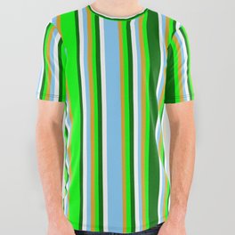[ Thumbnail: Eyecatching Lime, Goldenrod, Light Sky Blue, White, and Dark Green Colored Pattern of Stripes All Over Graphic Tee ]