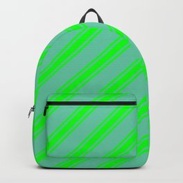 [ Thumbnail: Aquamarine & Lime Colored Stripes Pattern Backpack ]