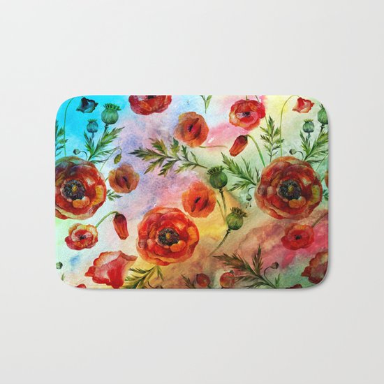 Poppy LOVE pattern- Poppies and Flowers on colorful watercolor background on #Society6 Bath Mat