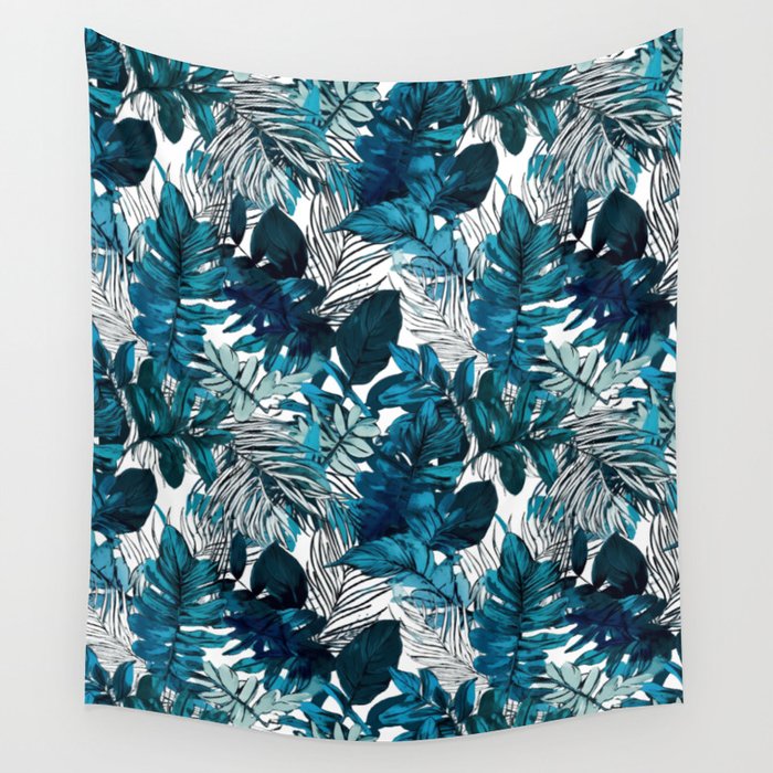 tropical foliage blue ink Wall Tapestry