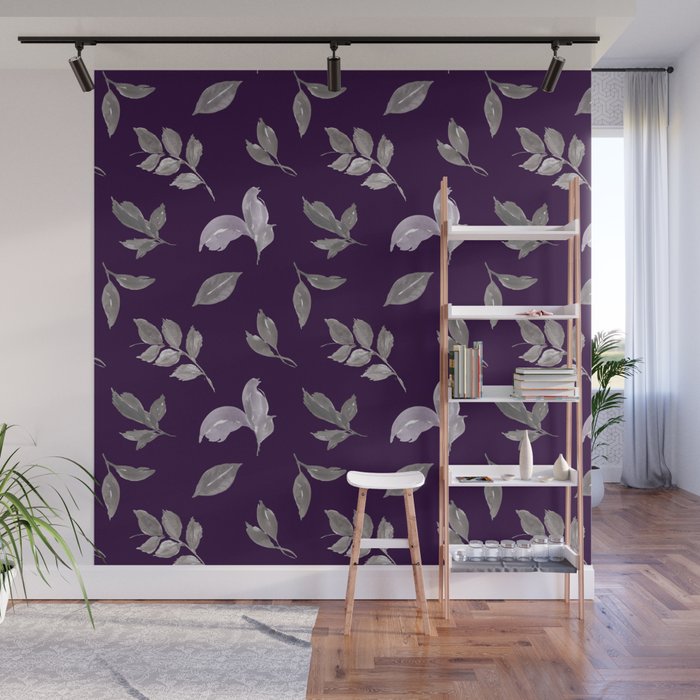 Autumn fall dark purple plum and grey falling leaves pattern Wall Mural