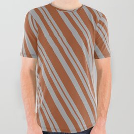 [ Thumbnail: Dark Gray and Sienna Colored Stripes Pattern All Over Graphic Tee ]