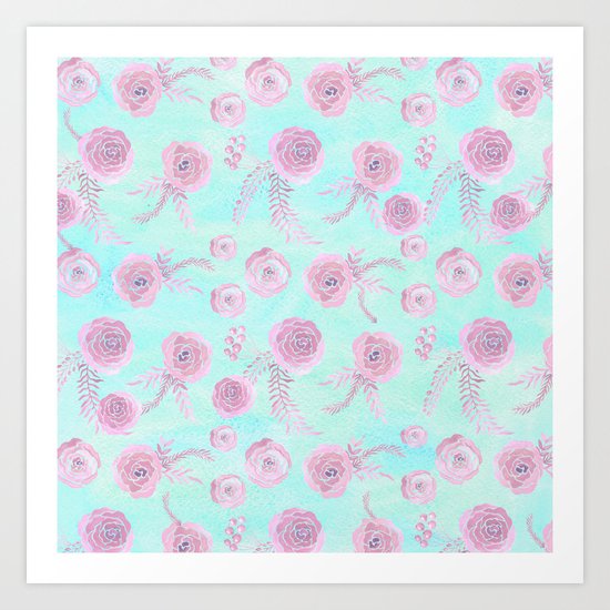 Peony Pattern Pink And Mint Art Print