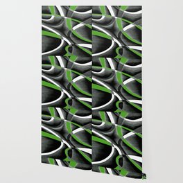 Eighties Jungle Green White Grey Line Curve Pattern On Black Wallpaper