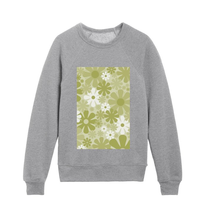 Retro 60s 70s Aesthetic Floral Pattern in Sage Olive Green Kids Crewneck