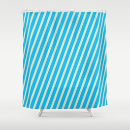 [ Thumbnail: Deep Sky Blue and Tan Colored Striped/Lined Pattern Shower Curtain ]