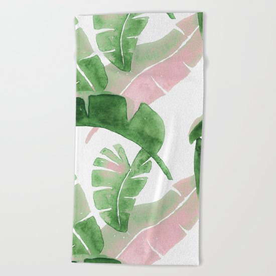 Tropical Leaves Green And Pink Beach Towel