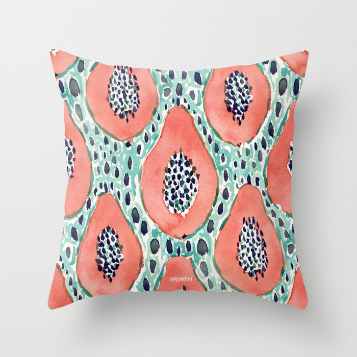 Papaya Party Tropical Fruit Print Throw Pillow By Barbraignatiev