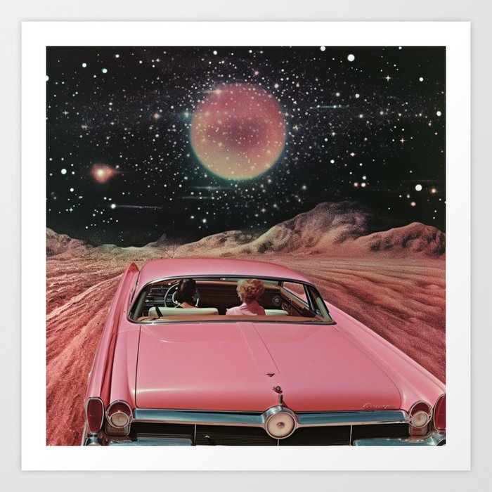 Vintage Pink Car in Space Collage Art Art Print