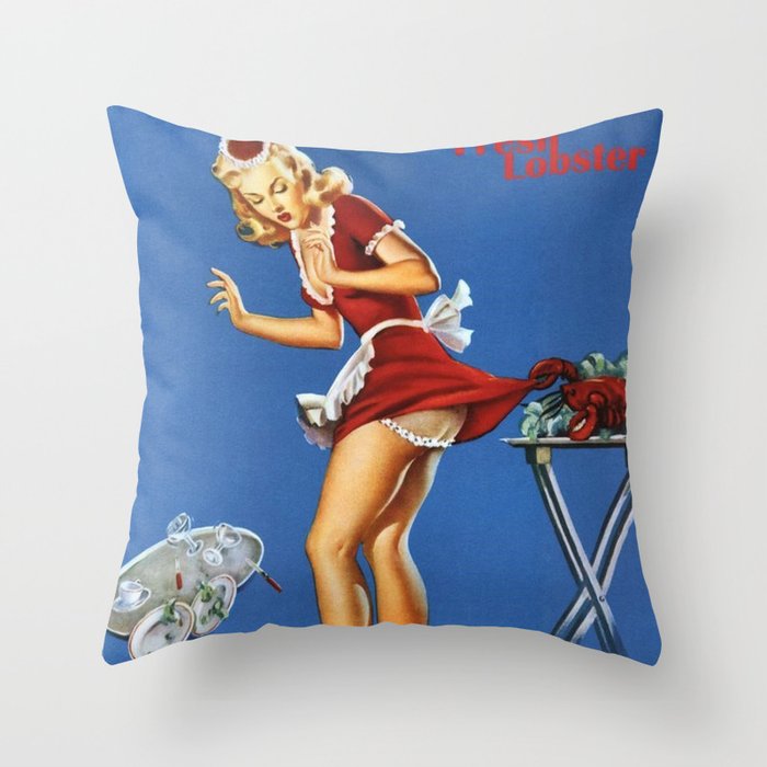 Fresh Lobster! - Satirical Pin Up Girl Waitress Motif Throw Pillow
