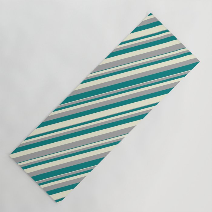 Beige, Dark Gray, and Teal Colored Pattern of Stripes Yoga Mat