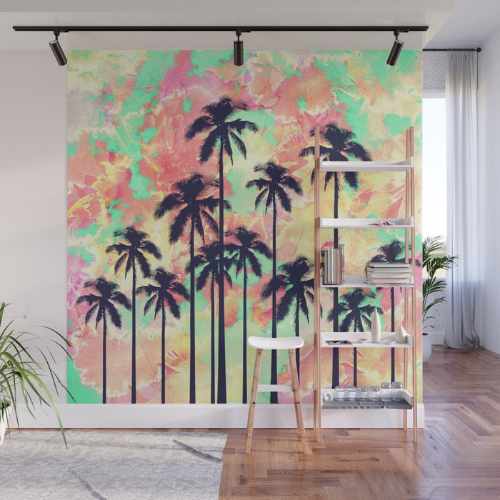 Colorful Neon Watercolor with Black Palm Trees Wall Mural