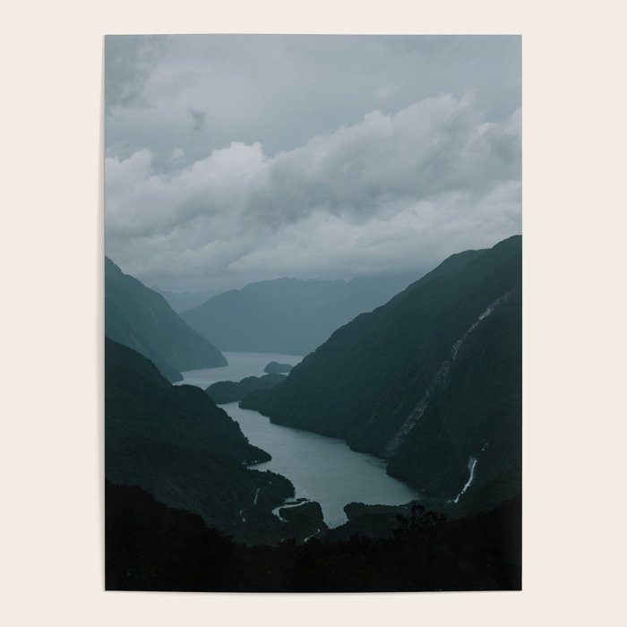 New Zealand Te Anau, Doubtful sound water & mountains in the mist Poster by fotograeve Fine
