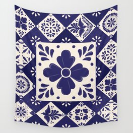 Mexican Blue Flower Talavera Mosaic Pattern Wall Tapestry