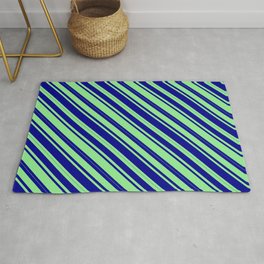 [ Thumbnail: Light Green & Dark Blue Colored Lined Pattern Rug ]