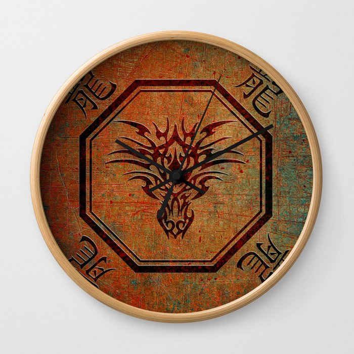 Tribal Dragon Head In Octagon With Dragon Chinese Characters Wall Clock