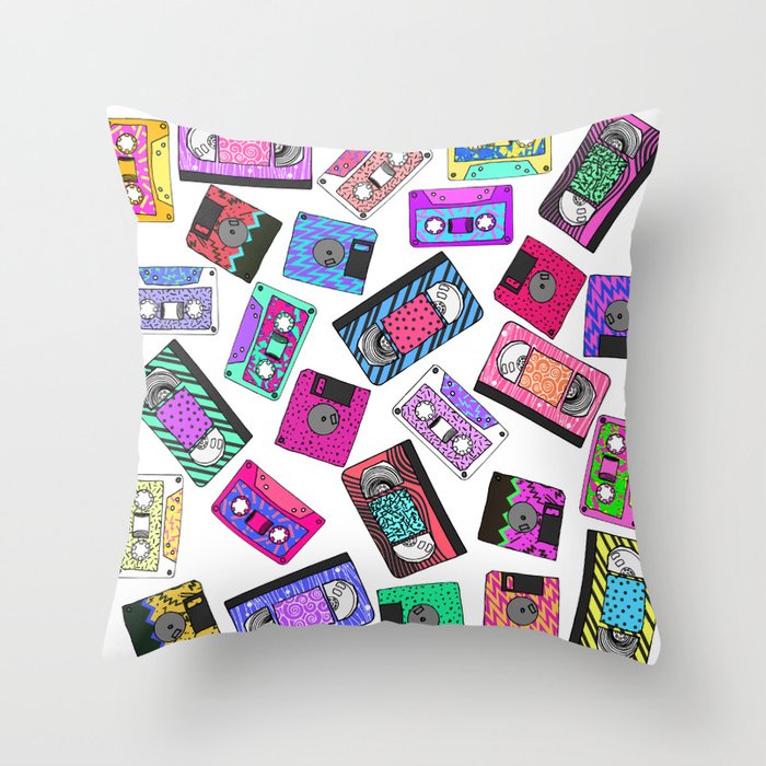 Retro 80's 90's Neon Patterned Cassette Tapes Throw Pillow