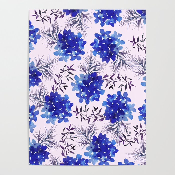 Watercolor lilac lavender blue hortensia floral leaves Poster