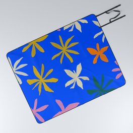 Colorful Flowers on Neon Cobalt Blue Picnic Blanket
