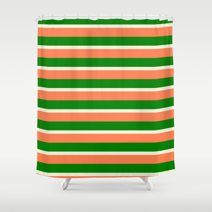 Beige, Coral, and Green Colored Stripes/Lines Pattern Shower Curtain