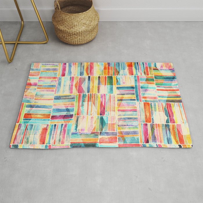 Summer Pastel Geometric and Striped Abstract on cream Rug