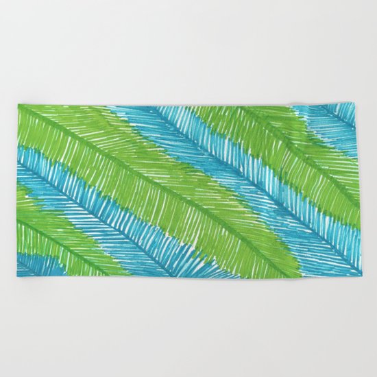 Blue and Green Palm Leaves Beach Towel