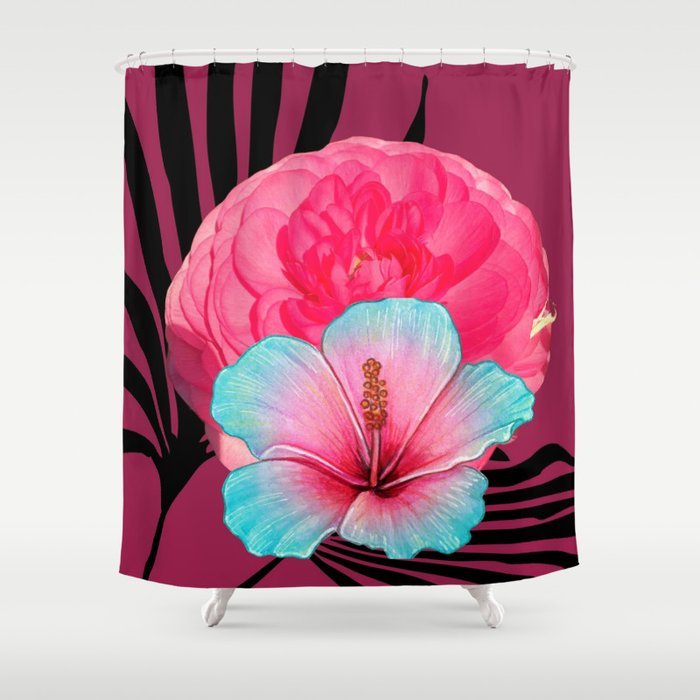 Pink Ranunculus and Hibiscus Art Print  Shower Curtain