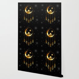 Islamic dream catcher with feathers golden moon and stars	 Wallpaper