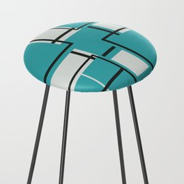 Aqua - Teal - Turquoise, Black and Off White Modern Square Mosaic Shape Pattern Counter Stool