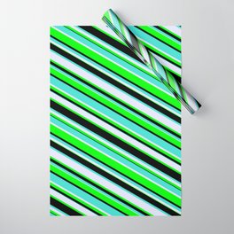 [ Thumbnail: Turquoise, Lavender, Lime & Black Colored Lines Pattern Wrapping Paper ]