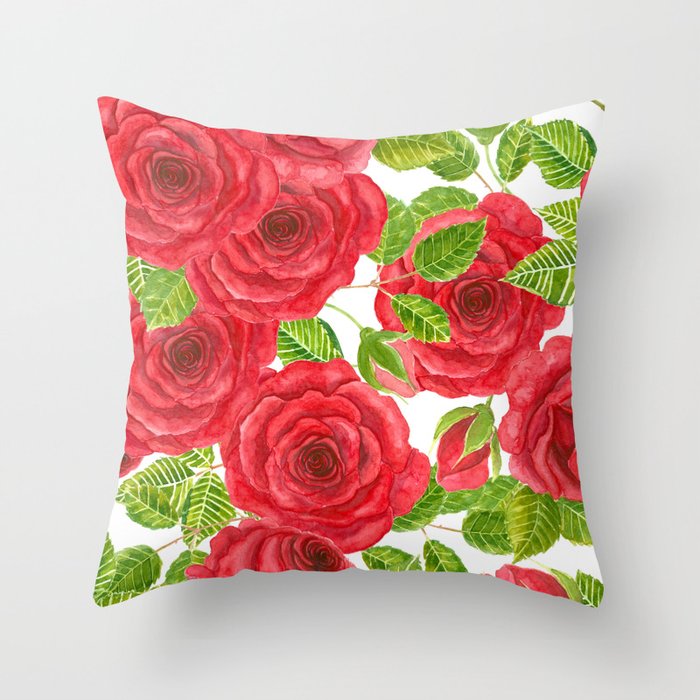 Red watercolor roses with leaves and buds pattern Throw Pillow by ...