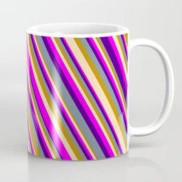 [ Thumbnail: Eye-catching Dark Goldenrod, Tan, Fuchsia, Indigo, and Light Slate Gray Colored Striped Pattern Coffee Mug ]