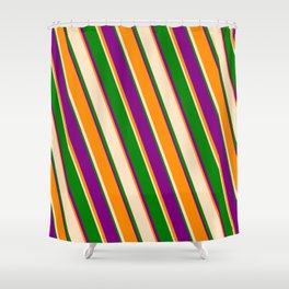 [ Thumbnail: Dark Orange, Bisque, Green, and Purple Colored Stripes Pattern Shower Curtain ]