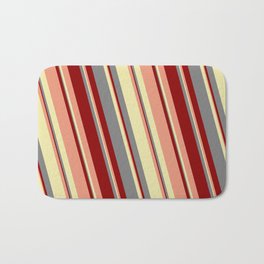 [ Thumbnail: Grey, Dark Red, Dark Salmon, and Pale Goldenrod Colored Striped Pattern Bath Mat ]