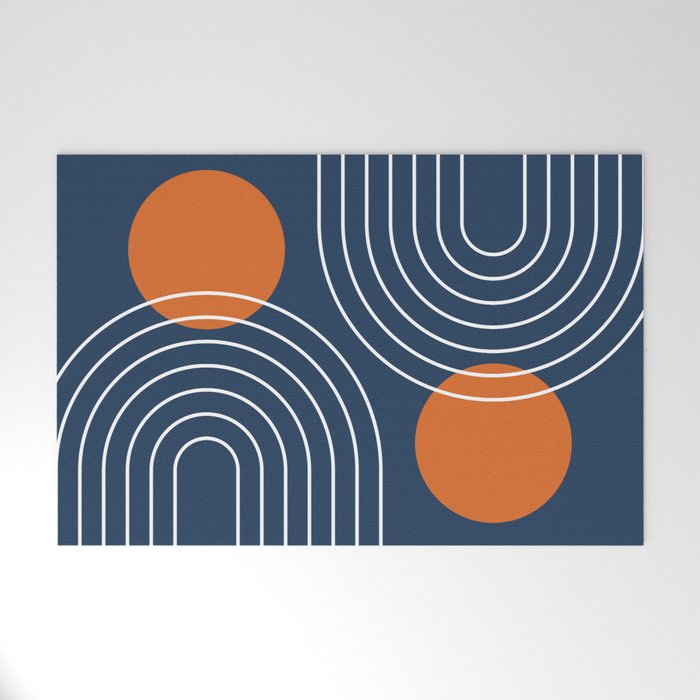 Mid Century Modern Geometric 83 in Navy Blue and Orange (Rainbow and Sun Abstraction) Welcome Mat