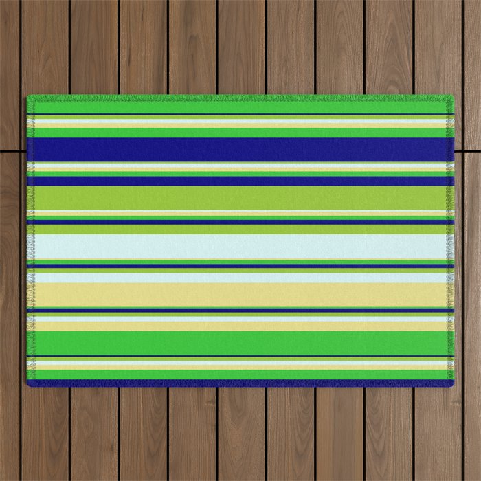 Vibrant Green, Light Cyan, Tan, Lime Green & Blue Colored Stripes/Lines Pattern Outdoor Rug