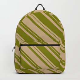 [ Thumbnail: Tan & Green Colored Striped/Lined Pattern Backpack ]
