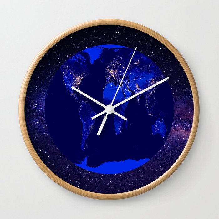 Earth World Map Night Sky Space City Lights Blue Universe Wall Clock