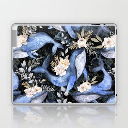 Watercolor Blue Whales with Flowers - Florals Whales Marine Laptop Skin
