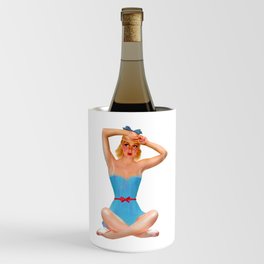 Sexy Blonde Tan Pin Up With Blue Eyes Vintage Light Blue Dress Legs Crossed Wine Chiller