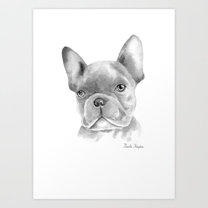 Watercolor French Bulldog Frenchie In Black Art Print By