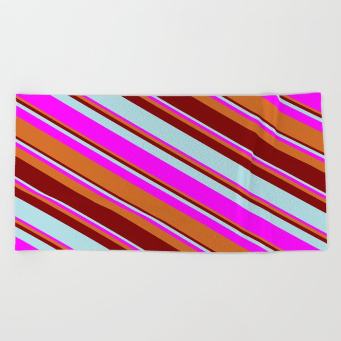 Maroon, Powder Blue, Fuchsia, and Chocolate Colored Pattern of Stripes Beach Towel