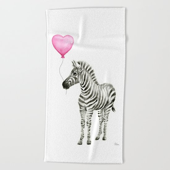 Zebra with Balloon Animal Watercolor Whimsical Animals Beach Towel