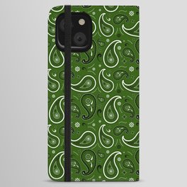 Black and White Paisley Pattern on Green Background iPhone Wallet Case