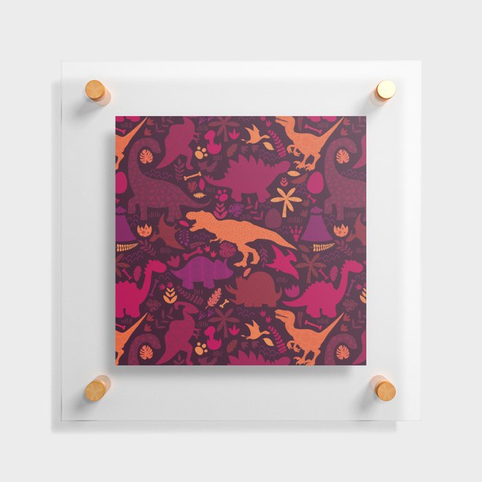 Dino Silhouette Doodle Pattern Red Floating Acrylic Print