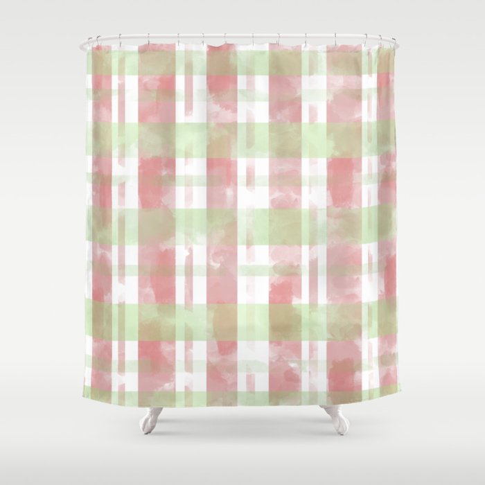 Pink And Green Watercolor Plaid Shower Curtain By