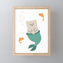Mermaid Cat playing with Fish Framed Mini Art Print